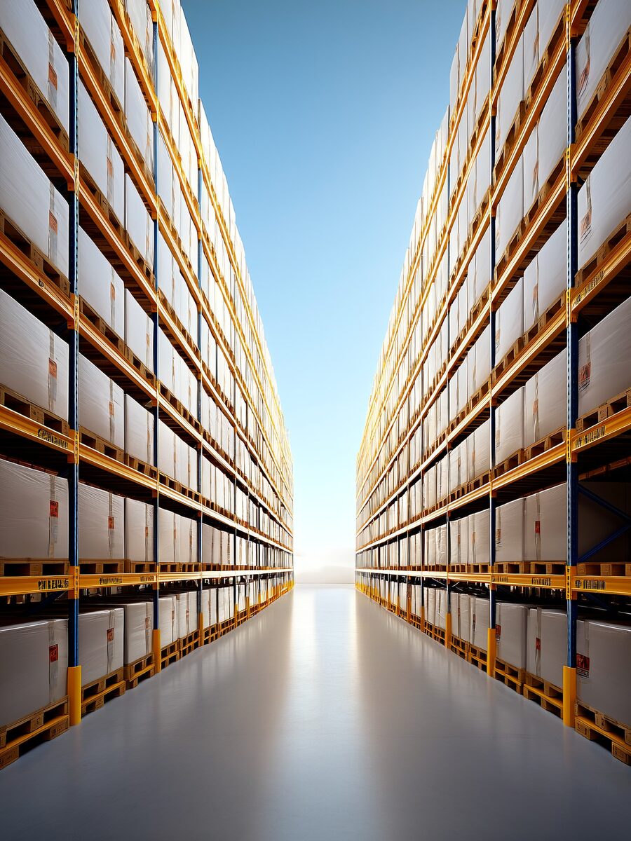 Bright logistics warehouse with tall racking