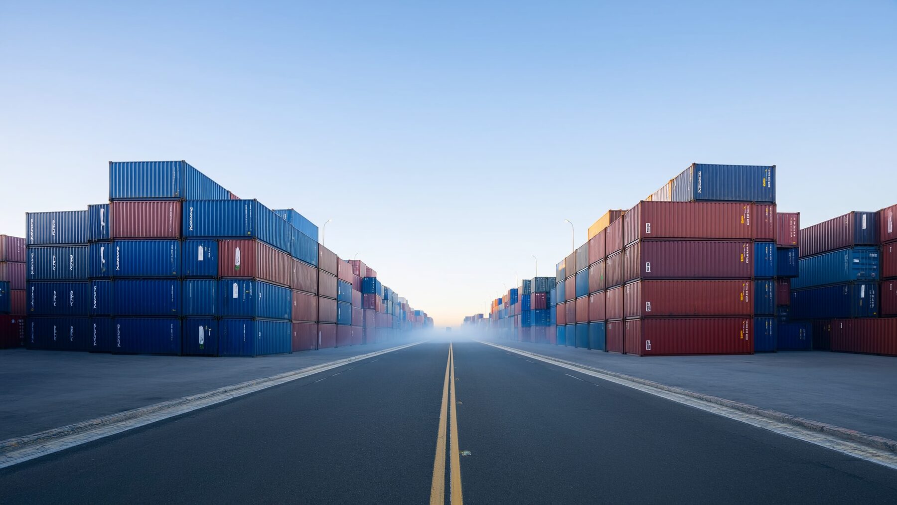 Rows of shipping containers at dawn