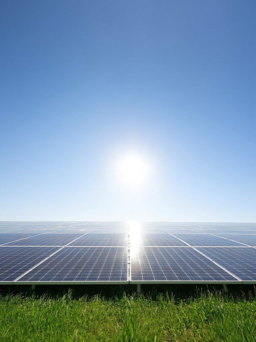 Rows of solar panels under a blue sky