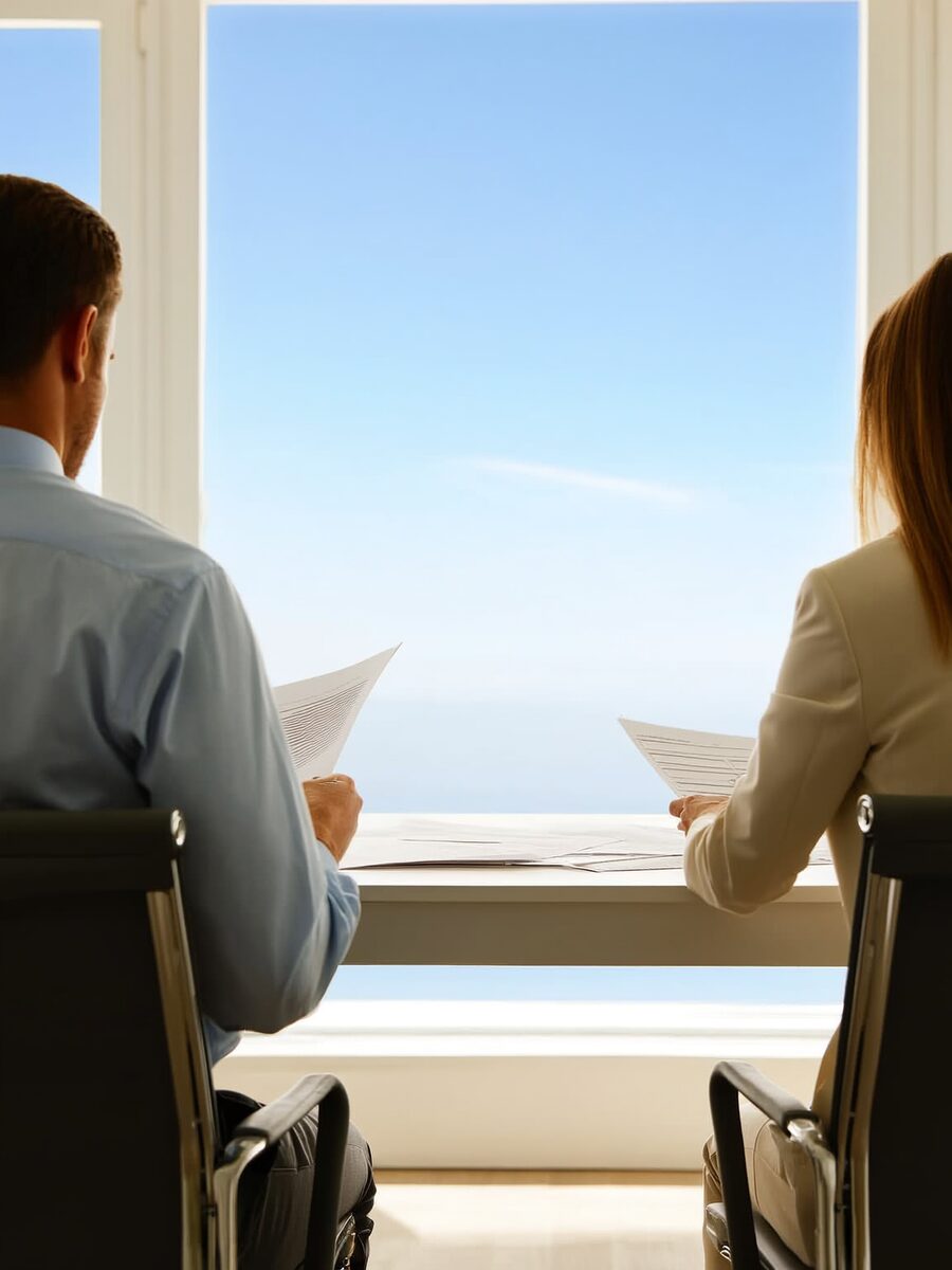 Two colleagues reviewing documents at a bright office table
